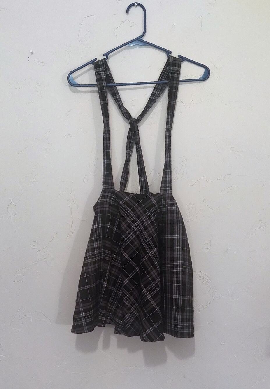 Hot Topic Black and Gray Tartan Suspender Skirt